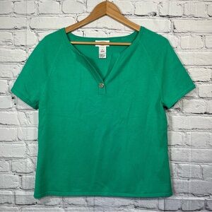 Talbots V Neck Button Short Sleeve Shirt Womens Size Large Green Vintage